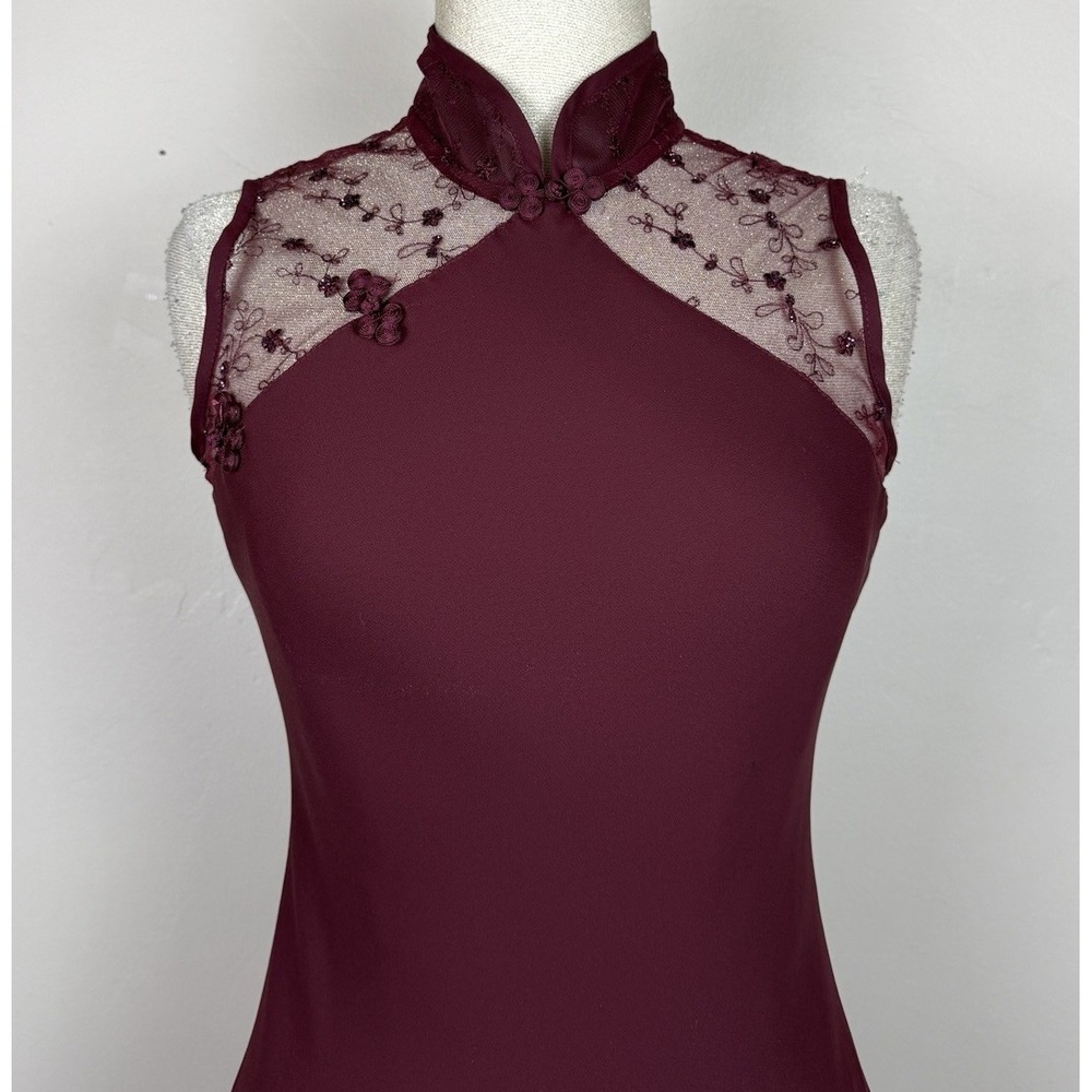 Vtg Y2K  Dress Formal Womens 6 Maroon Sheer  Maxi Side Slits Asian  Whimsigoth